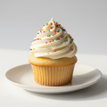 Vanilla cupcake with white buttercream frosting and rainbow sprinkles