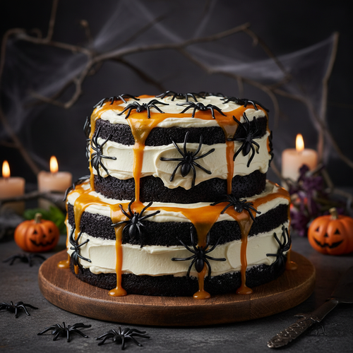 Two-tier black velvet Halloween cake with cream cheese frosting, pumpkin drizzle and spider rings