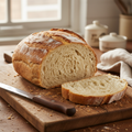Golden white bread loaf sliced on a wooden cutting board